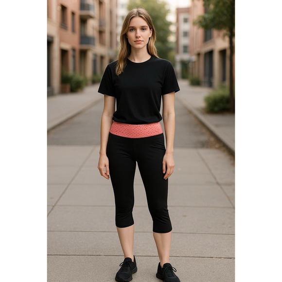 Victoria's Secret PINK Capri Leggings M Black Pink Bubble Roll Over Waistband - Picture 4 of 12